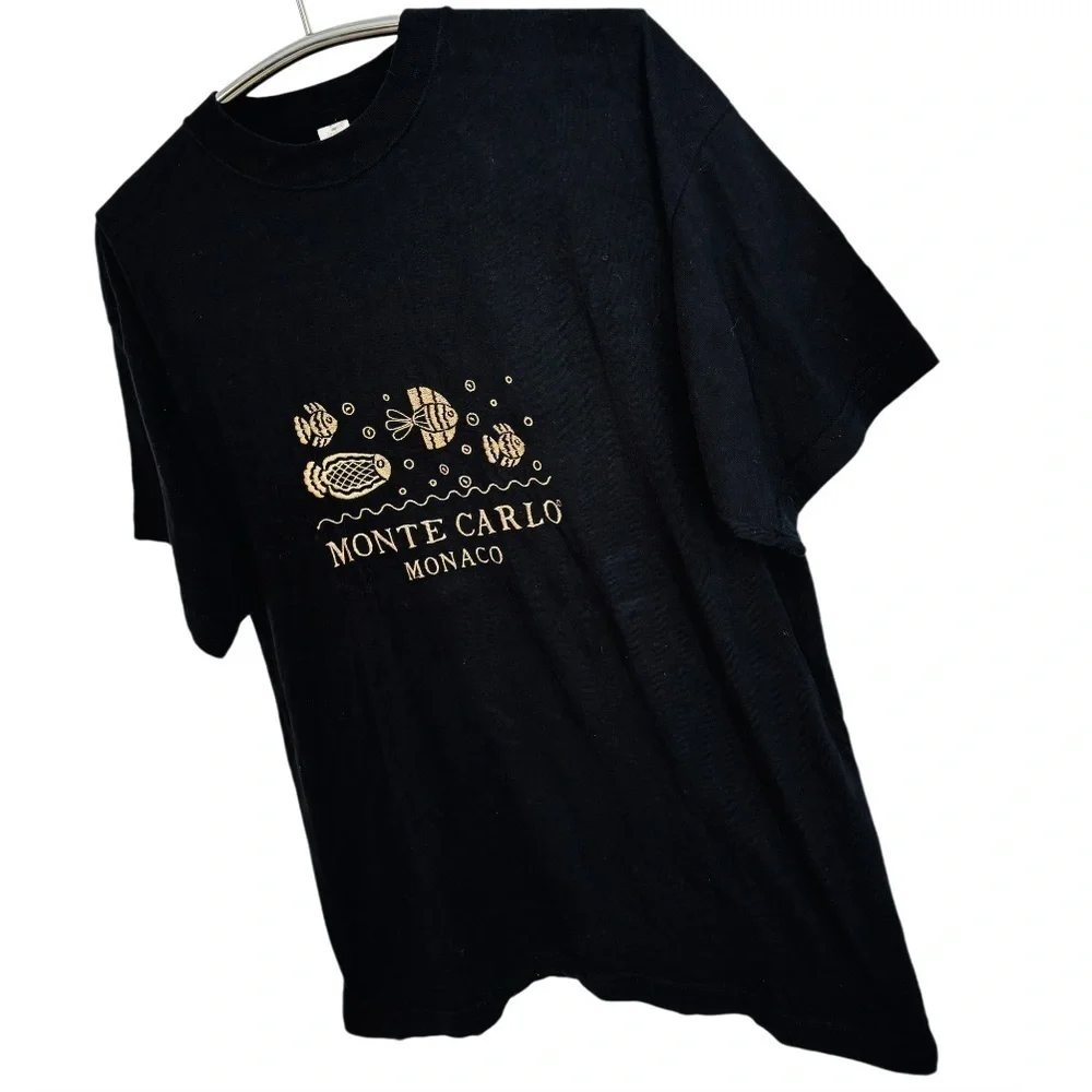 MONTE CARLO MONACO FISH BLACK T-SHIRT + GOLD EMBROIDERY, SIZE XL - Picture 2 of 8